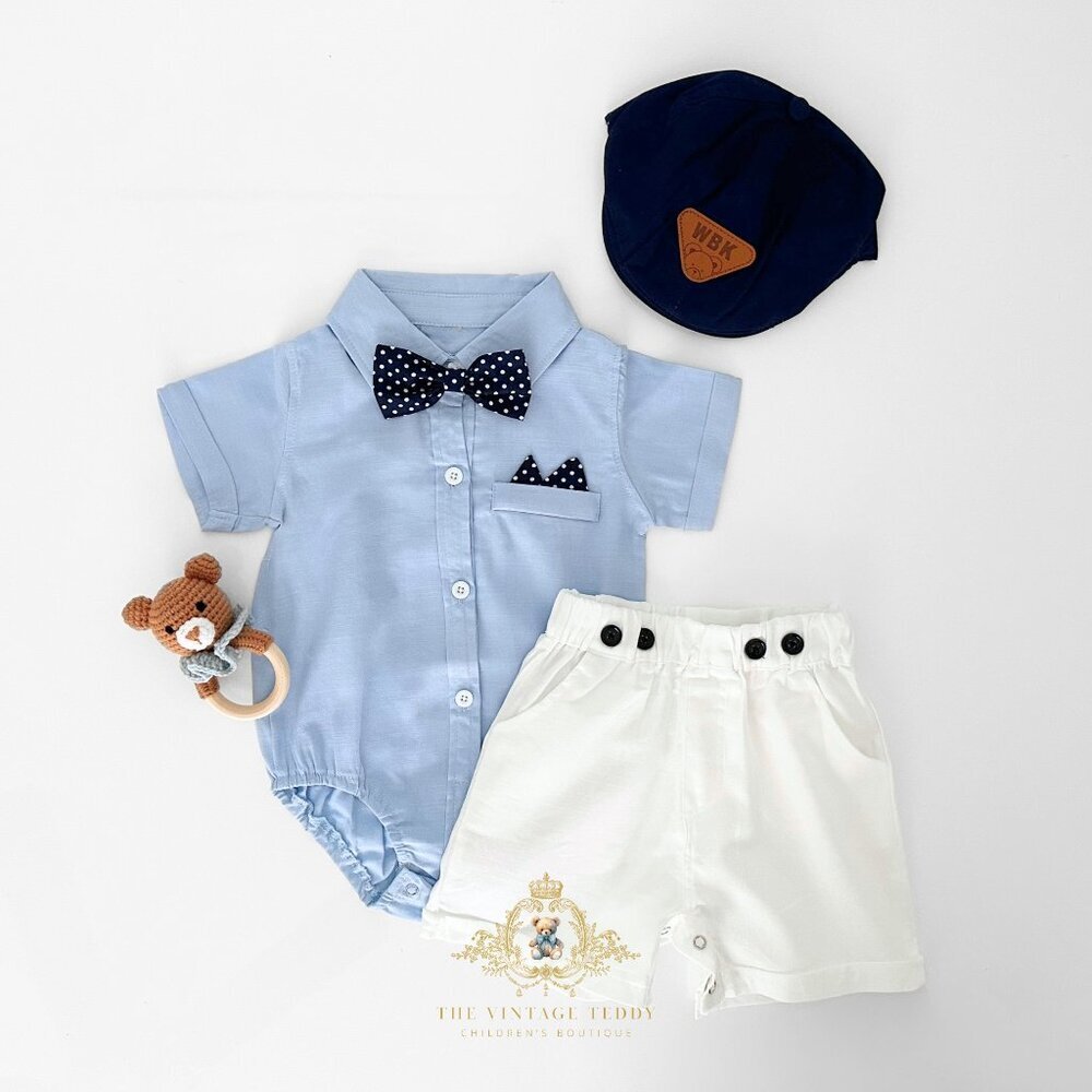 NWT Handsome Boys Oxford Button Down Onesie One-Piece Shorts Matching Set 18-24M